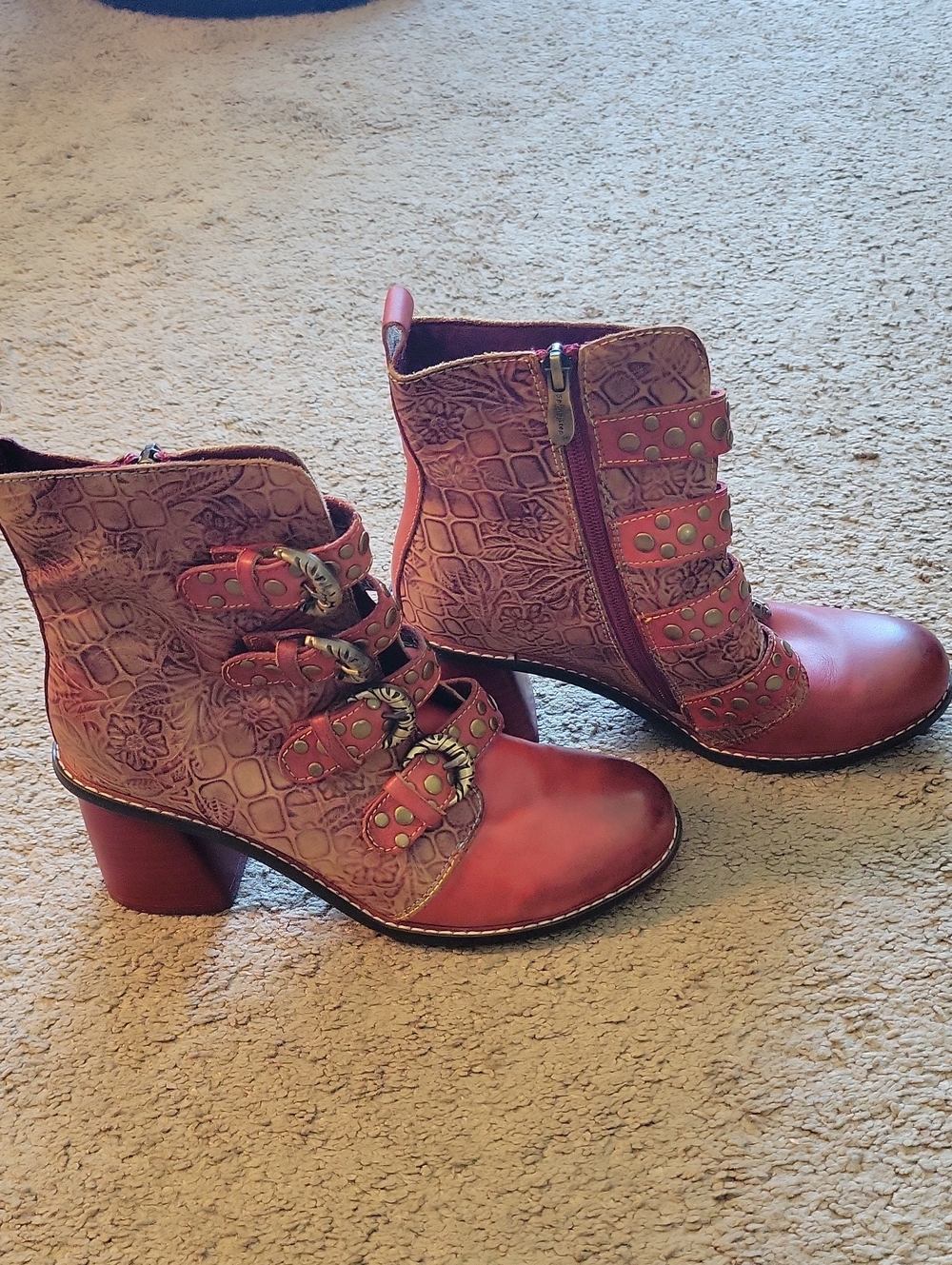 Spring Step L'Artiste Red Floral Croc-Embossed Four Buckle Ankle Boots